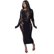 Women Full Sleeve Long Dress Mesh Hollow Out 2024 Fall O-neck Evening Vestidos Sexy Party Club Maxi Dresses Vestidos