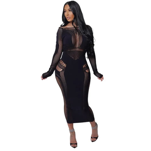 Women Full Sleeve Long Dress Mesh Hollow Out 2024 Fall O-neck Evening Vestidos Sexy Party Club Maxi Dresses Vestidos