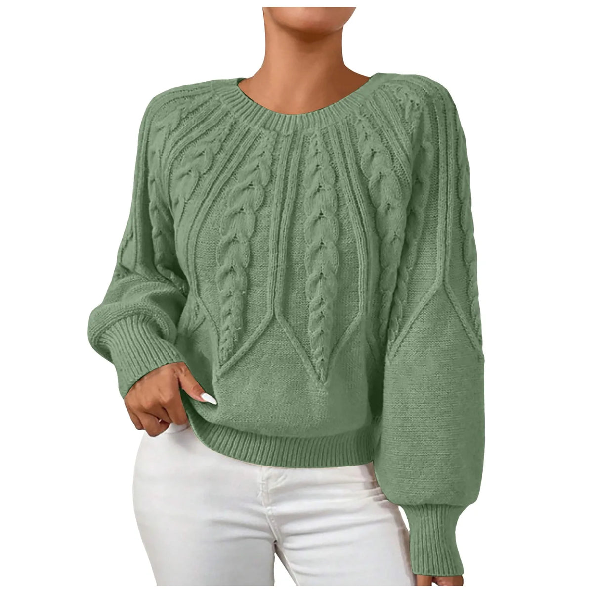 Cable Knit Puff Sleeve Crewneck Sweater – view 2 of 20
