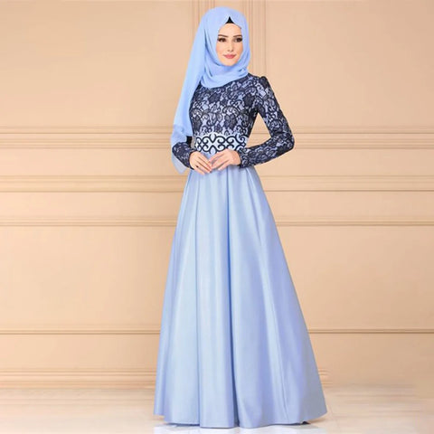 Ethnic Style Muslim Maxi Robe Women Lace Spliced Long Sleeved Elegant Temperamental High Waist Saudi Arabia Muslim Maxi Dress