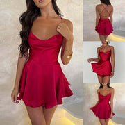 Women Suspender Satin Halter Dress Sexy Backless Ruffled Red Skirt Summer Evening Party Dresses Elegant Lady A-Line Vestidos