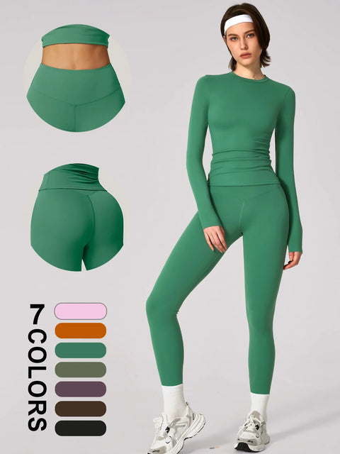 Women Yoga Set Sportswear Tracksuit Yoga Suit Sport Clothes Shirt Trousers Long Sleeves Pants 2Pcs Gym Fitness Training Slimming