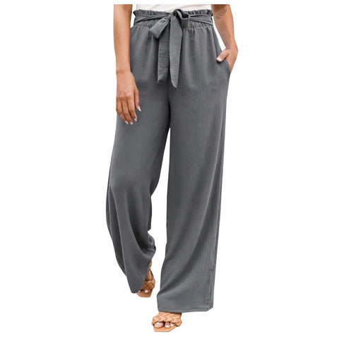 Summer Cargo Pants Women Plus Size High Waisted Tied Belt Palazzo Pants Baggy Flowy Beach Pants With Pockets Women's Pants