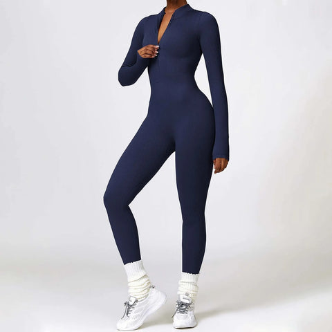 Women's Seamless Yoga Jumpsuit Long Sleeve Bodycon Playsuit Streetwear Tight Skinny Overalls Zip Up Fitness Jumpsuits For Women
