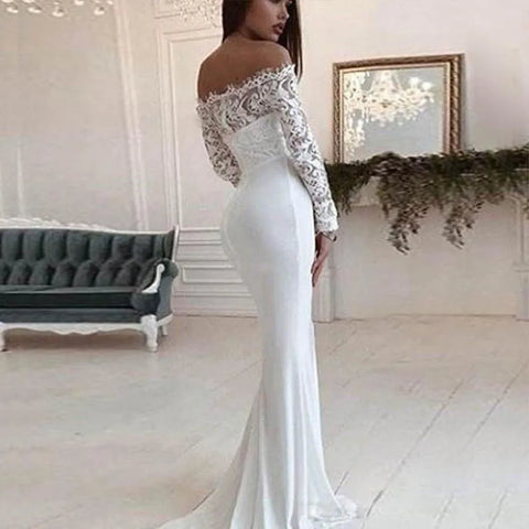 Sexy Lace Long Sleeve Dress Wedding Party Bridesmaid Off Shoulder Slash Neck Gown Dress Cocktail Prom Long Dresses летнее платье