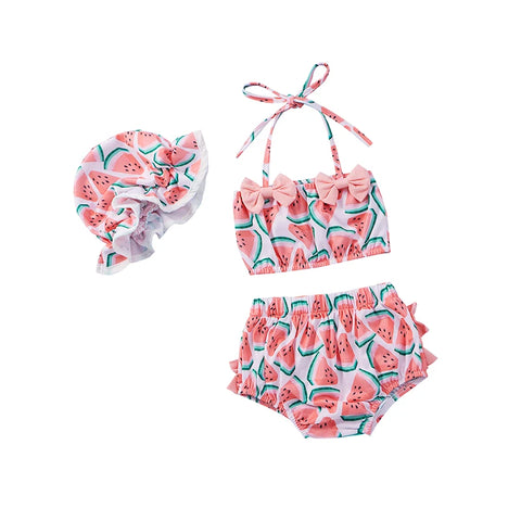 2021-04-05 Lioraitiin 0-24M Baby Girls 3Pcs Split Swimsuit Set Watermelon Print Sleeveless Bikini Bow-knot+Shorts+Stretchy Hat