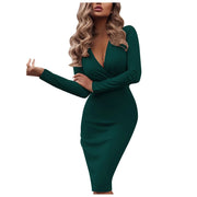 Evening Dress for Women Sexy Deep V Neck Long Sleeve Solid Bodycon Midi Dress Luxury Autumn Elegant Office Work Dresses