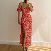 One Line Collar Holiday Dress Wrap Buttocks Slim Waist Dresses With Slit Temperament Chiffon Floral Dresses For Women Plus Size