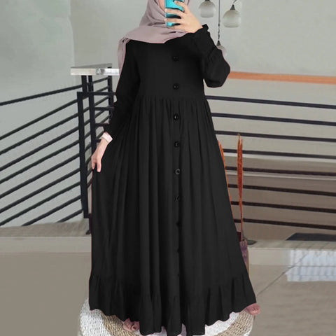 Muslim Hijab Dubai Abaya Long Dress Women Single Breasted Solid Color Islamic Dress Abaya African Dress Dubai Turkey Kaftan