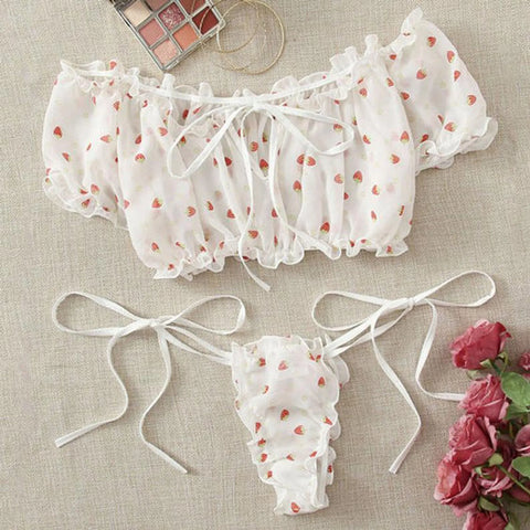 Women Sexy Strapless Sleepwear Two Piece Set One Shoulder Neckline Tulle Bowknot Lace Underwear High Waist Side Ties Thong Set