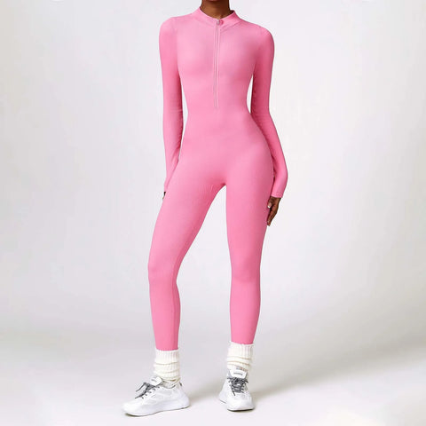 Women's Seamless Yoga Jumpsuit Long Sleeve Bodycon Playsuit Streetwear Tight Skinny Overalls Zip Up Fitness Jumpsuits For Women