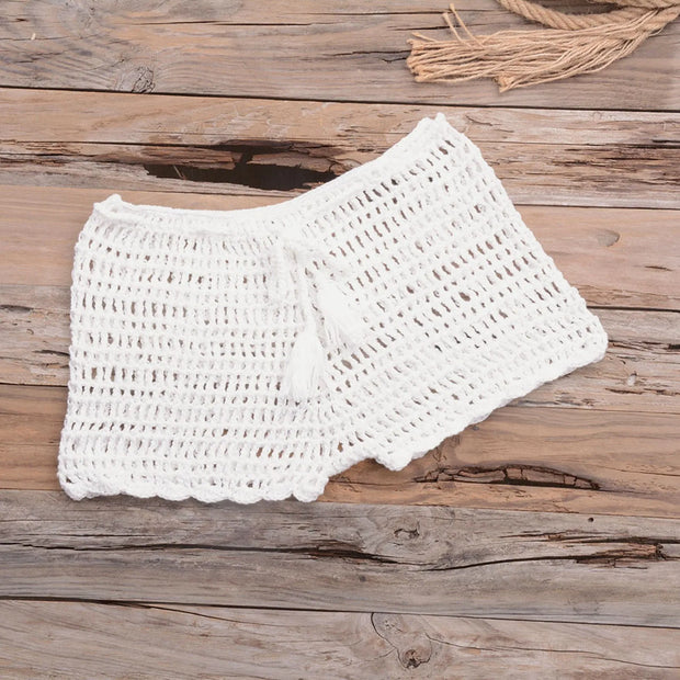 Women's Summer Solid Color Handwoven Crochet Bikini  Shorts Beach Swimming Pants Stretchable Strap Hollow Flat Corner Pants