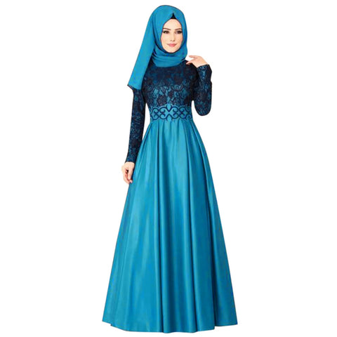 Ethnic Style Muslim Maxi Robe Women Lace Spliced Long Sleeved Elegant Temperamental High Waist Saudi Arabia Muslim Maxi Dress