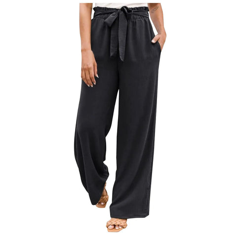 Summer Cargo Pants Women Plus Size High Waisted Tied Belt Palazzo Pants Baggy Flowy Beach Pants With Pockets Women's Pants
