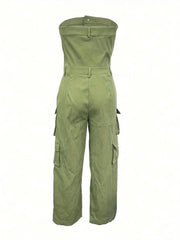 Solid Color Casual Overalls Jumpsuit, Sexy Straight Tube Tube Top Long Jumpsuit, With Pockets, Women's Wear
