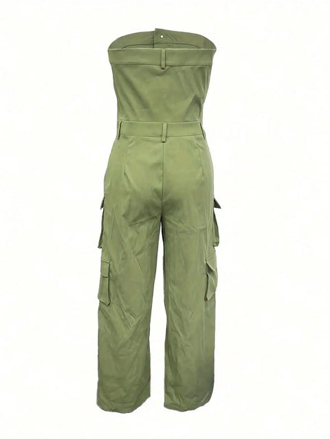 Solid Color Casual Overalls Jumpsuit, Sexy Straight Tube Tube Top Long Jumpsuit, With Pockets, Women's Wear