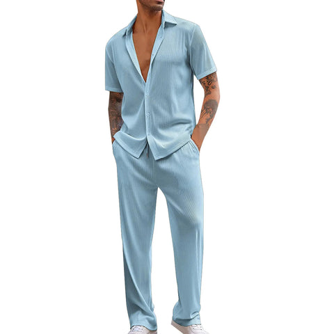 Loose Casual Set Mens Two Piece Outfit Solid Color Short Sleeve Shirts Long Pants Spring And Autumn Fashion Casual Clothes