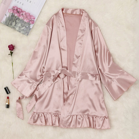 oversized Fashion Sexy Lace Satin Sleepwear Women Ladies Night Dress Lingerie Nighties Ruffle Wrap Robe Lace Up Loose Nightgown