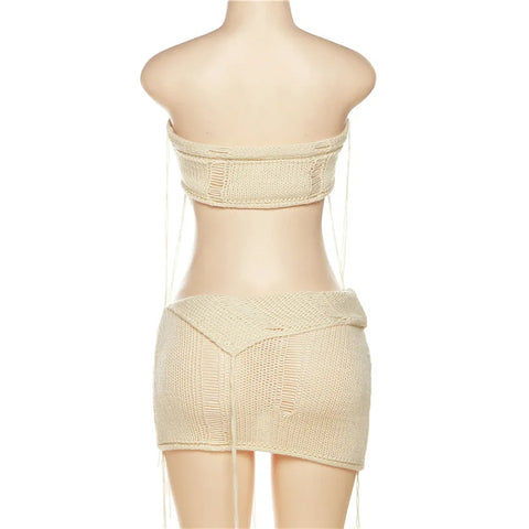 Echoine Irregular RibbonStrapless Crop Top and Mini Skirt Summer Knit Hollow Out See Through Matching Set  Two Piece Set Outfits