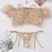 Women Sexy Strapless Sleepwear Two Piece Set One Shoulder Neckline Tulle Bowknot Lace Underwear High Waist Side Ties Thong Set