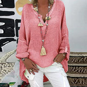 Women's Solid Color Cotton Linen Top Casual Loose Long Sleeve Blouses V-neck Beach Shirts Summer Spring Buttons Tunic Рубашки