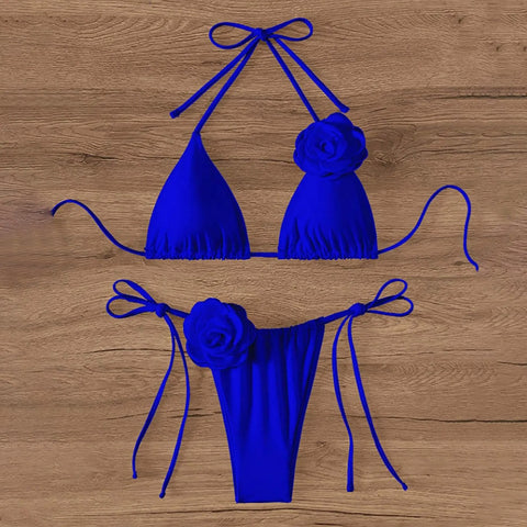 Halter 3D Rose Flower Decor Brazilian Bikini Women Sexy Low Waist Lace Up Split Two Pieces Swimwear Female Bathing Suits Swim