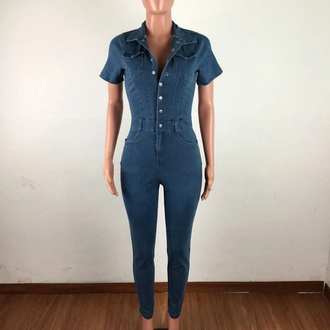 Womens' Jeans Button Tight Fit Fitting Casual Distressed Pants Jumpsuits Short Sleeves Jumpsuit Slim-Fit Long Trousers Mujer