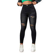 New In Women Fashion Mid Waist Ripped Hole Jeans Casual High Street Denim Pants Sexy Frayed Slim Fit Pencil Pants for Women