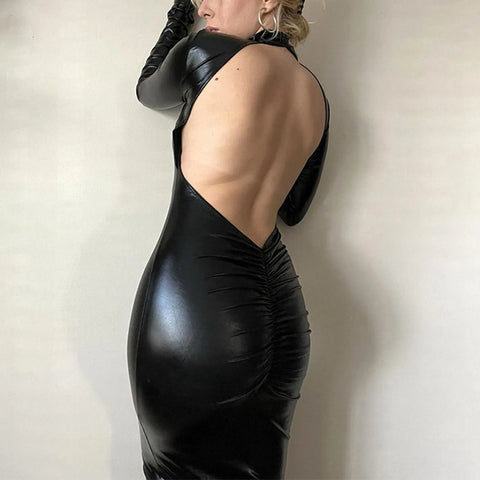 Vintage Faux Leather Evening Dresses Ladies Fashion Leisure Shiny Leather Bodycon Long Dresses Sexy Backless Club Party Dresses