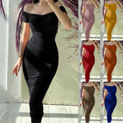 Elegant Pleated Bodycon Formal Dress Women's Off Shoulder Solid Color Gathered Slim Sexy Dress Women Girls Slim Birthday Dresses