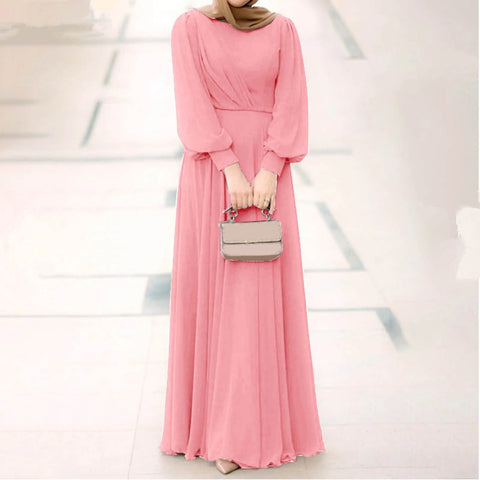 Elegant Abaya Dubai Muslim Women's Maxi Dress Solid Color Puff Sleeve Casual Pleated Temperament Dress Turkey Islamic Clothing