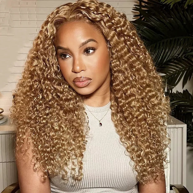 Wiggogo Honey Blonde Curly Human Hair Colored Wig Deep Wave 13X6 Hd Lace Front 100% Human Hair Wigs 13X4 Lace Frontal Wig