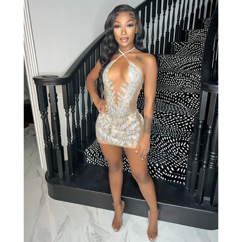 Echoine Spaghetti  Lace Up Halter V-neck Sheer Mesh Diamond Mini Dress Sexy Skinny Party Evening Night Club Dresses Vestidos