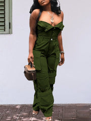 Solid Color Casual Overalls Jumpsuit, Sexy Straight Tube Tube Top Long Jumpsuit, With Pockets, Women's Wear