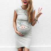 Summer Maternity Cartoon Baby Funny Print Dress, Casual Stretchy Short Sleeve Crew Neck Slim Fit Bodycon Long T-shirts