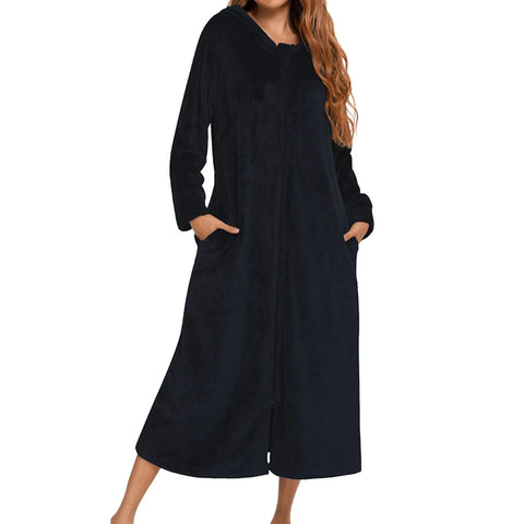 Winter Long Fleece Bathrobes Sleepwear Women's New Solid Color Zipper Bath Robe Dressing Gown Autumn Warm Hooded Home Wear