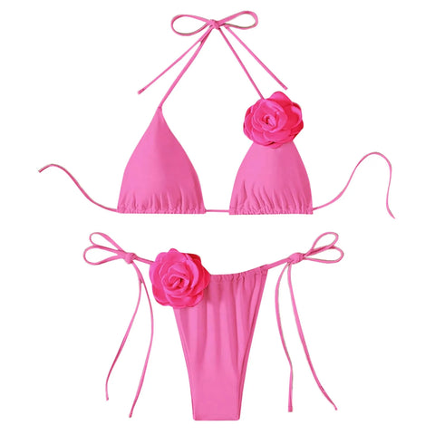 Halter 3D Rose Flower Decor Brazilian Bikini Women Sexy Low Waist Lace Up Split Two Pieces Swimwear Female Bathing Suits Swim