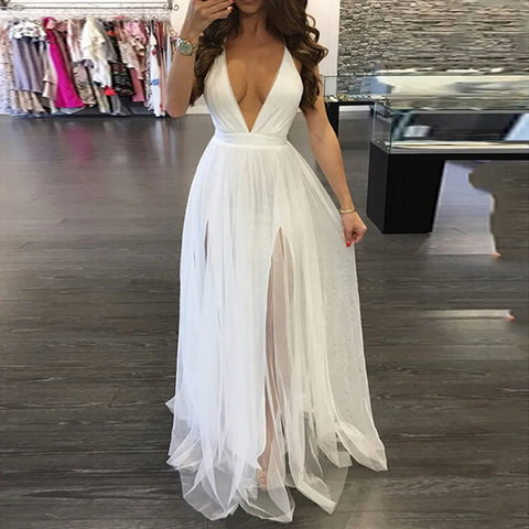 White Dress For Women Civil Wedding Maxi Slip Dress Bridesmaid Banquet V Neck Sexy Backless Lace Long Elegant Evening Dresses