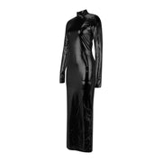 Vintage Faux Leather Evening Dresses Ladies Fashion Leisure Shiny Leather Bodycon Long Dresses Sexy Backless Club Party Dresses