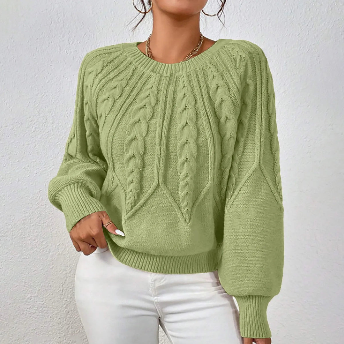 Cable Knit Puff Sleeve Crewneck Sweater – view 11 of 20