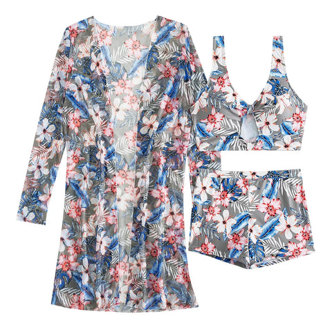 Brazilian Bikini Set Women Floral Printed Beach Wear Three Piece Push Up Cover Up Swimsuit Sexy Swimming Suit 2024 Bathing Suit