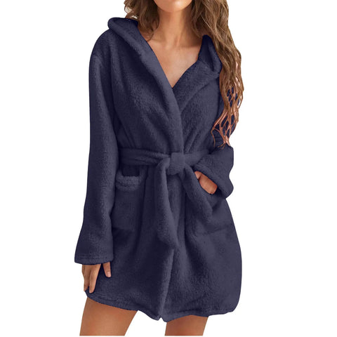 Soid Color Warm Winter Robes For Ladies 2022 Plush Pajamas Robes with Belt Women Hooded Homewear Bathrobe Sleepwear Women