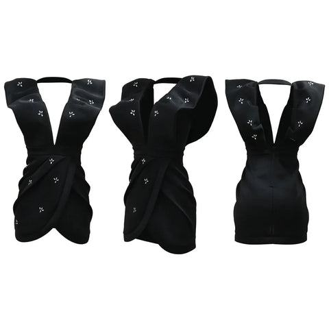 Women V-neck Petal Sleeveless Mini Dress Diamonds Ruched Bodycon Dresses Sexy Night Party Vestidos Fashion Evening