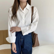 Female Solid Color White Long Sleeved Shirt Spring And Autumn Korean Shirt Loose Casual Blouse Women's Button Up Shirt
