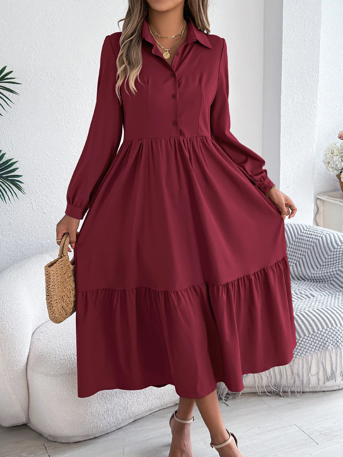 Ruffle-Hem Button-Front Shirt Dress – main view