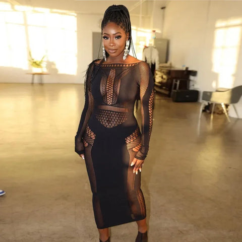 Women Full Sleeve Long Dress Mesh Hollow Out 2024 Fall O-neck Evening Vestidos Sexy Party Club Maxi Dresses Vestidos