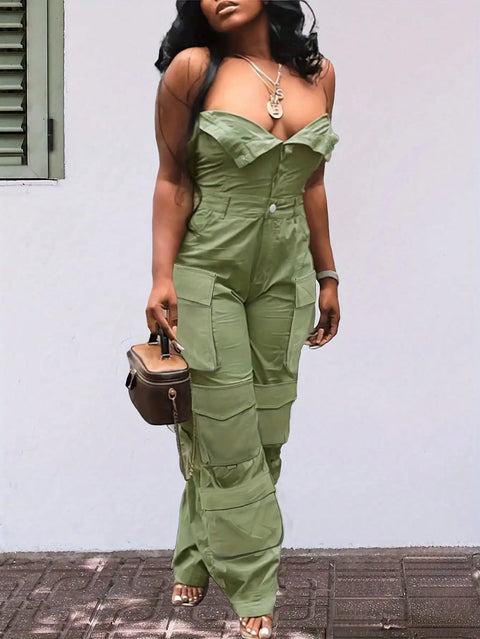 Solid Color Casual Overalls Jumpsuit, Sexy Straight Tube Tube Top Long Jumpsuit, With Pockets, Women's Wear