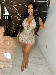 Echoine Spaghetti  Lace Up Halter V-neck Sheer Mesh Diamond Mini Dress Sexy Skinny Party Evening Night Club Dresses Vestidos