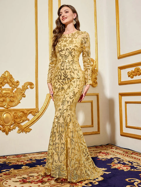 Party Dresses Luxury Women Sequin Dress Purple Round Neck Long Evening Dress Long Sleeved Dress Celebrity Evening Dress Glitter