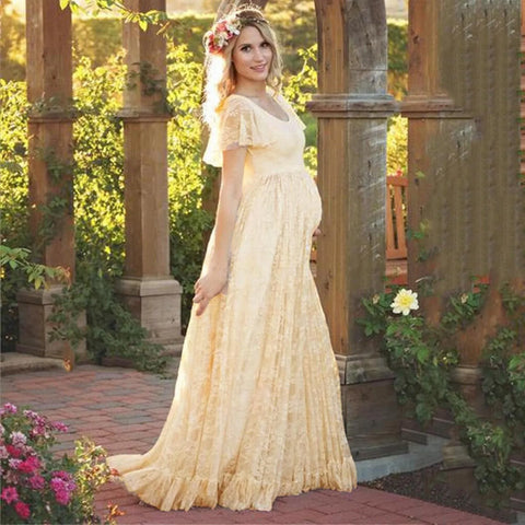 Maternity Lace Dress Women's Pregnancy Ruffles Short Sleeved Long Dress Elegant Photography Solid Color Dress PhotoShoot Dress